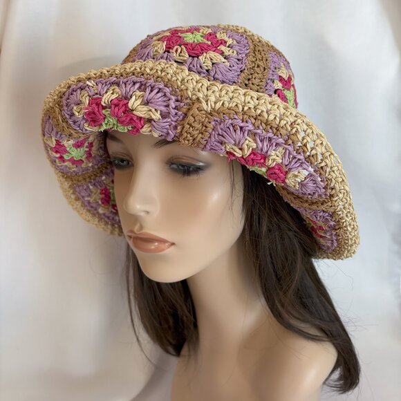 BCBGeneration Straw Crochet Granny Square Bucket Hat Multicolor Size OS
